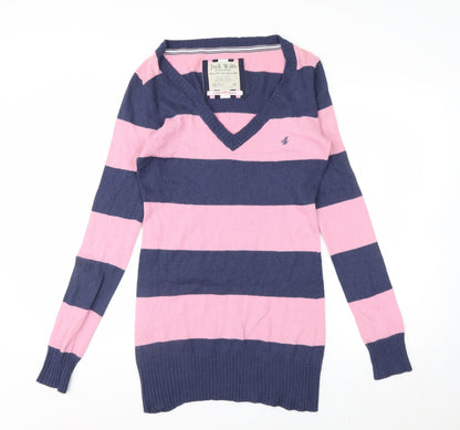 Jack Wills Womens Pink & Navy Stripe V-Neck Cashmere Blend Jumper Size 12