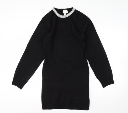 H&M Women's Black Rhinestone Crew Neck Long Sleeve Jumper Size 10