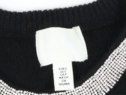 H&M Women's Black Rhinestone Crew Neck Long Sleeve Jumper Size 10