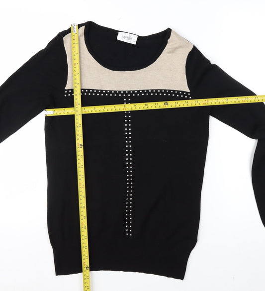 Wallis Petite Black Colourblock Studded Long Sleeve Blouse Size 10