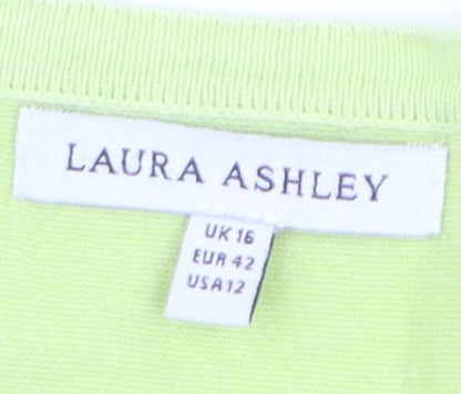 Laura Ashley Women's Green V-Neck Cotton Pullover Jumper Size 16