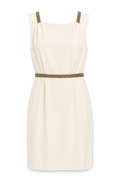 Warehouse Womens Beige Sheath Dress UK 10 Sleeveless Beaded Belt Classic Style