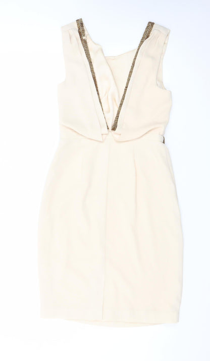 Warehouse Womens Beige Sheath Dress UK 10 Sleeveless Beaded Belt Classic Style