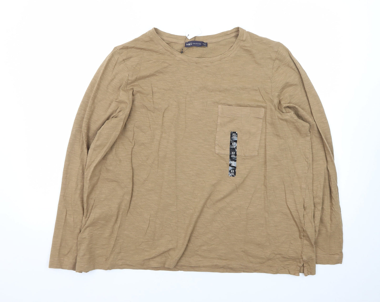 Marks and Spencer Men's Beige Long Sleeve Cotton T-Shirt 2XL