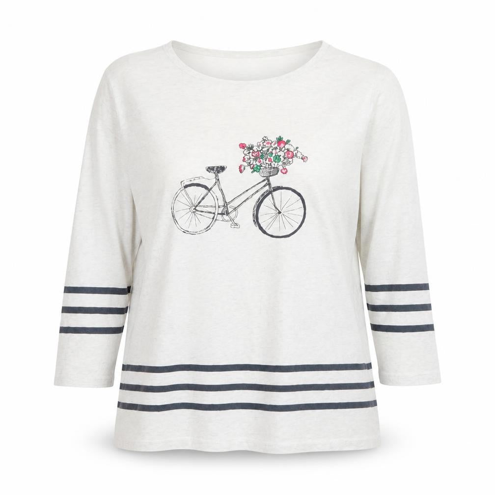 Laura Ashley Women’s White Striped Bicycle Floral 3/4 Sleeve Cotton T-Shirt Size 16