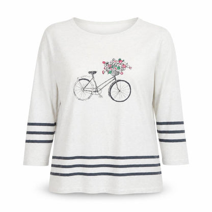 Laura Ashley Women’s White Striped Bicycle Floral 3/4 Sleeve Cotton T-Shirt Size 16