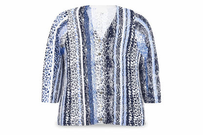 Leo & Ugo Women’s Blue Animal Print V-Neck 3/4 Sleeve Cardigan L