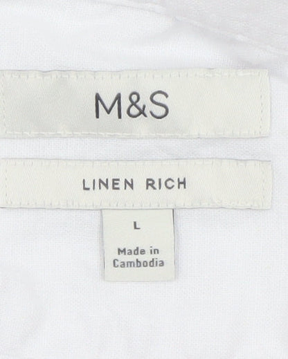 Marks and Spencer Men's White Linen Blend Short Sleeve Button-Up Shirt Size L