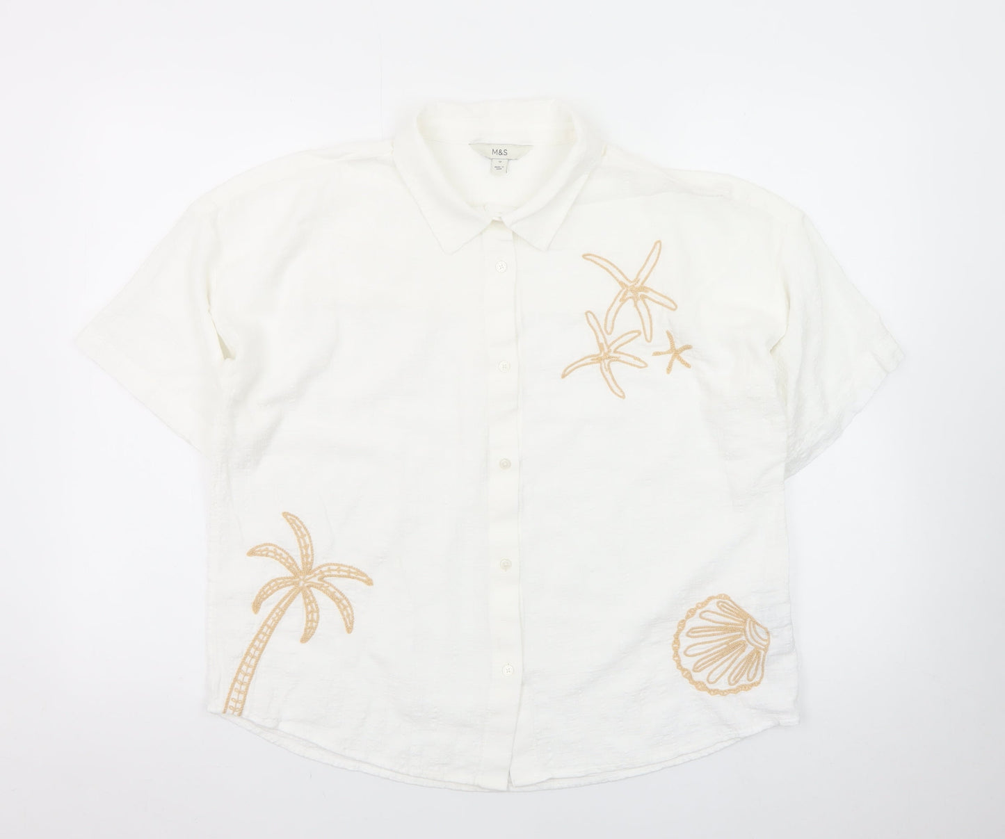 Marks and Spencer Women's White Embroidered Cotton Button-Up Shirt Size 12