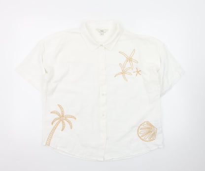Marks and Spencer Women's White Embroidered Cotton Button-Up Shirt Size 12