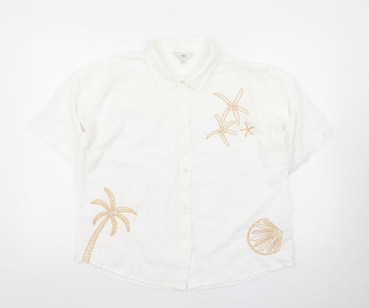 Marks and Spencer Women's White Embroidered Cotton Button-Up Shirt Size 12