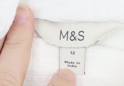 Marks and Spencer Women's White Embroidered Cotton Button-Up Shirt Size 12