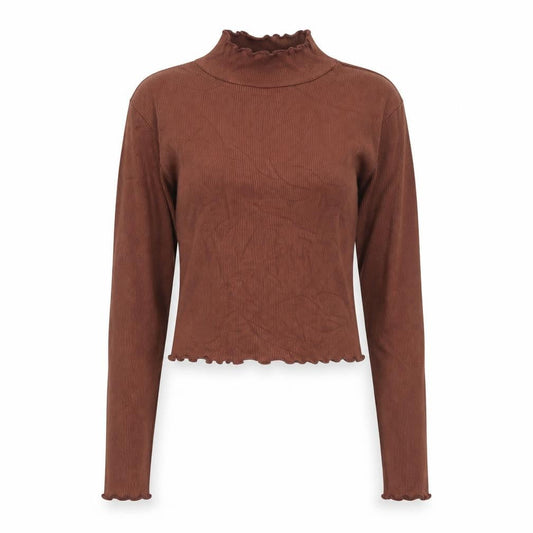 Pull&Bear Women Brown Mock Neck Cropped Long Sleeve Top Size 8