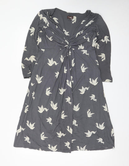 Phase Eight Women's Grey Bird Print V-Neck A-Line Dress Size 10