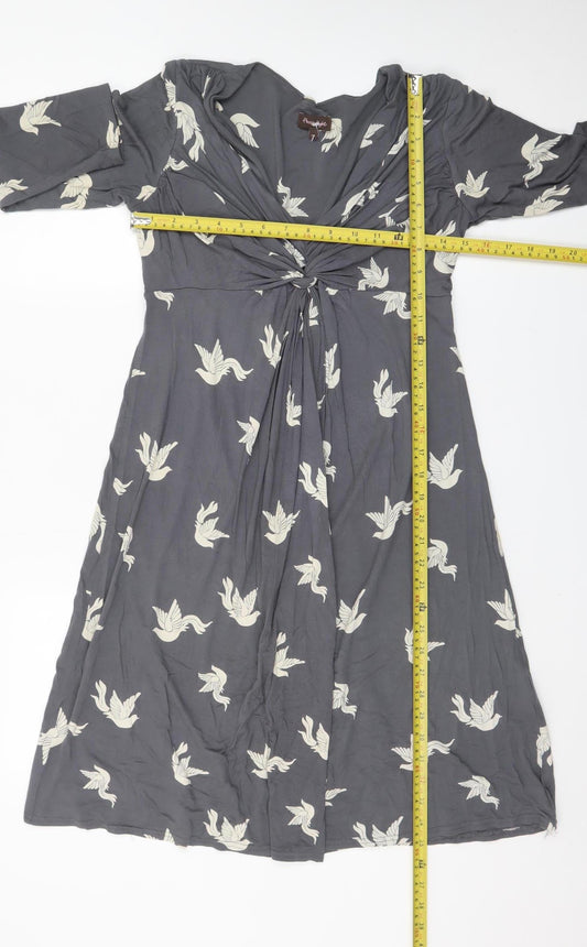 Phase Eight Women's Grey Bird Print V-Neck A-Line Dress Size 10