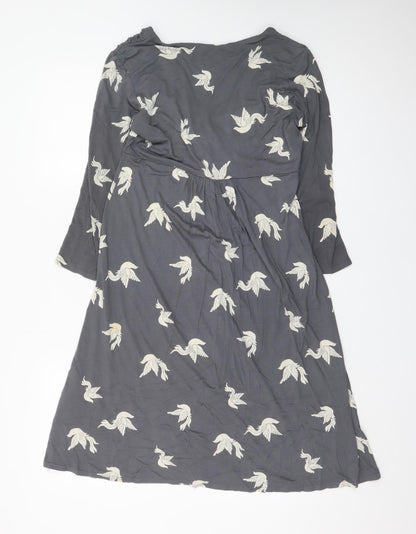 Phase Eight Women's Grey Bird Print V-Neck A-Line Dress Size 10