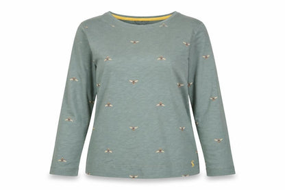 Joules Womens Green Bee Embroidered Long Sleeve Cotton T-Shirt UK 14