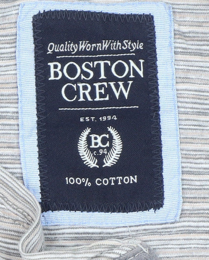 Boston Crew Men's Beige Striped Henley Short Sleeve Cotton T-Shirt 3XL