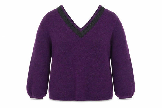 Monsoon Women’s Purple Wool V-Neck Lace Trim Jumper M