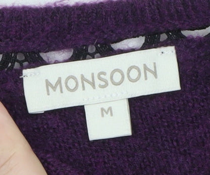 Monsoon Women’s Purple Wool V-Neck Lace Trim Jumper M