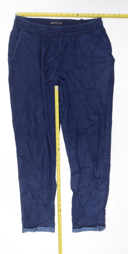 Marks and Spencer Women Blue Linen Relaxed Trousers Size 16