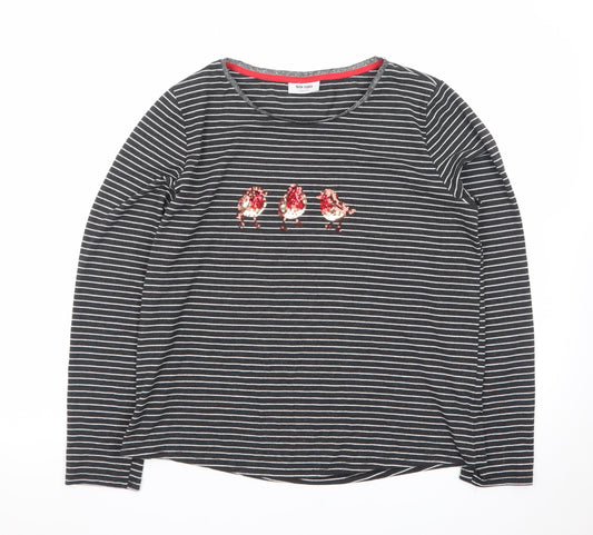 Nocozo Womens Black Striped Sequin Bird Long Sleeve T-Shirt UK 14