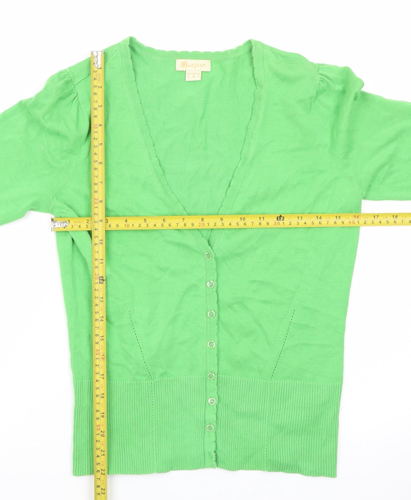 Monsoon Women Green Cotton V-Neck Button Cardigan Size 12