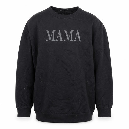 Front view of Boohoo unisex black 'mama' graphic pullover sweatshirt, size L