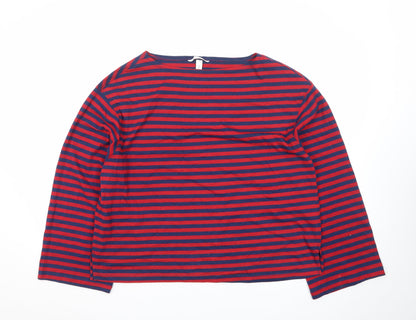 H&M Men's Red and Navy Striped Long Sleeve Cotton T-Shirt Size S