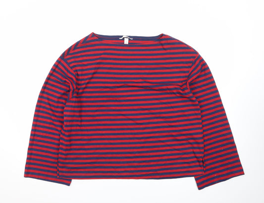 H&M Men's Red and Navy Striped Long Sleeve Cotton T-Shirt Size S