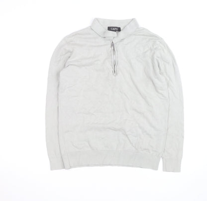 CAPO Men's Grey Cotton Half Zip Long Sleeve Casual Top Size M