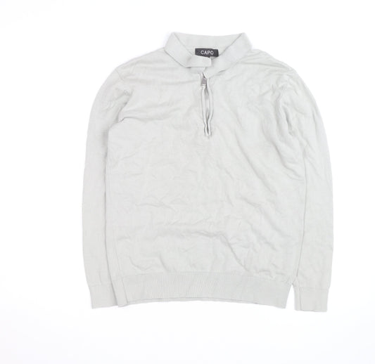 CAPO Men's Grey Cotton Half Zip Long Sleeve Casual Top Size M