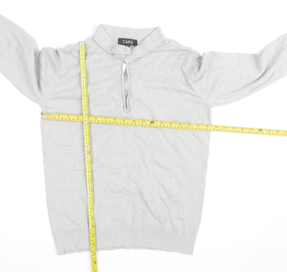 CAPO Men's Grey Cotton Half Zip Long Sleeve Casual Top Size M