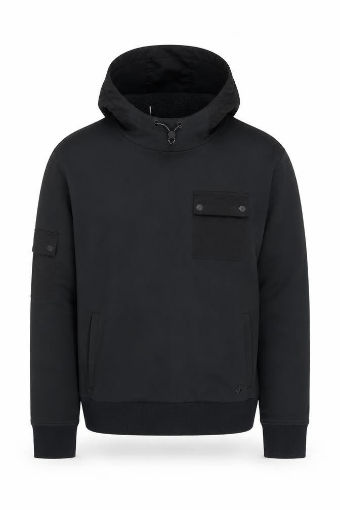 Front view of ACAI unisex black pull over high neck fleece lined hoodie m