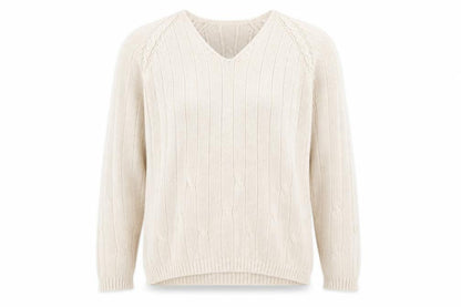 Jumper Men's Beige Cotton V-Neck Cable-Knit Pullover L