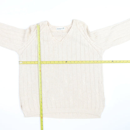 Jumper Men's Beige Cotton V-Neck Cable-Knit Pullover L
