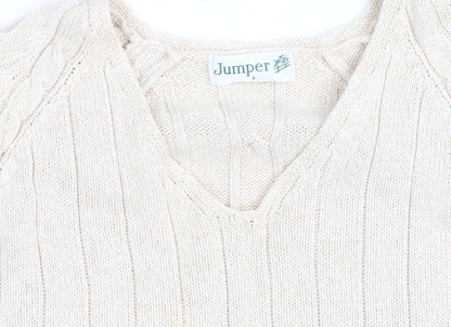 Jumper Men's Beige Cotton V-Neck Cable-Knit Pullover L