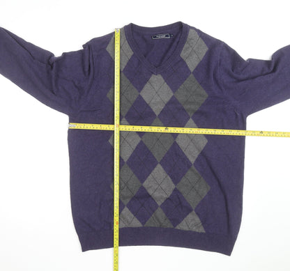 Maine New England Men's Purple Argyle V-Neck Cotton Jumper Medium