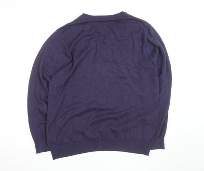 Maine New England Men's Purple Argyle V-Neck Cotton Jumper Medium