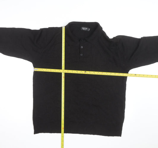 BoohooMAN Men's Black XL Long Sleeve Collared Knit Polo Shirt