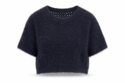 Next Women Navy Fluffy Knit Short Sleeve Pullover Jumper Medium