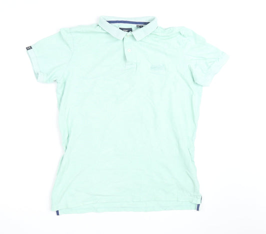 Superdry Men Mint Green Cotton Short Sleeve Polo Shirt L