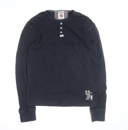 Superdry Men's Blue Henley Long Sleeve Cotton Top Size L