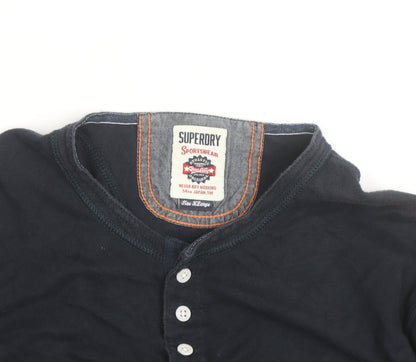 Superdry Men's Blue Henley Long Sleeve Cotton Top Size L