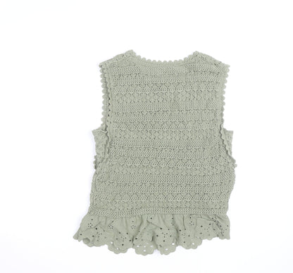 Greige Women Green Crochet Sleeveless Knit Cotton Vest M