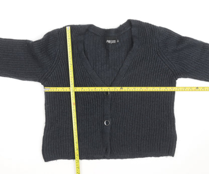 PIECES Unisex Black XL Chunky Knit V-Neck Cardigan