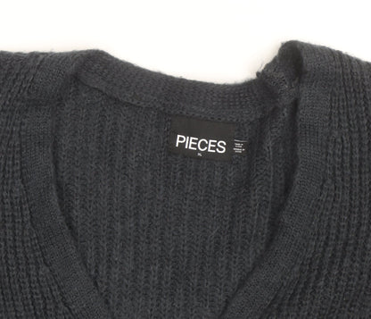 PIECES Unisex Black XL Chunky Knit V-Neck Cardigan