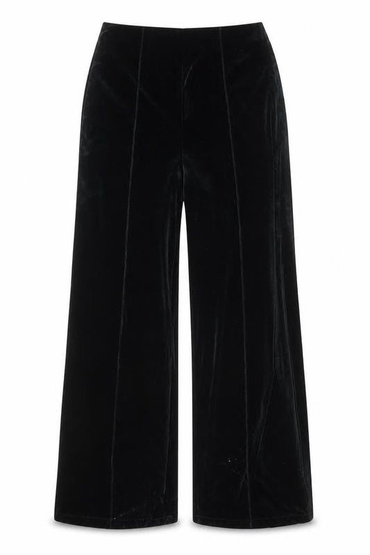 Mango Women Black Velvet Wide-Leg Trousers Size M