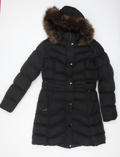 New Look Women's Black Long Puffer Coat Size 10 Hooded Belted Winter Jacket