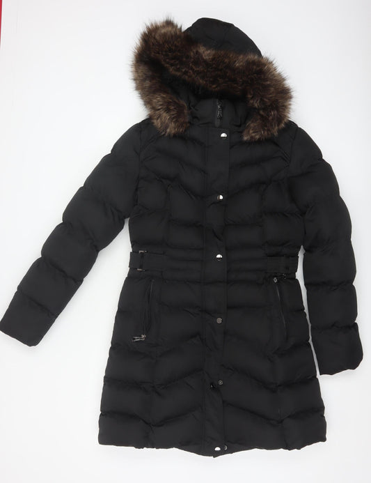 New Look Women's Black Long Puffer Coat Size 10 Hooded Belted Winter Jacket
